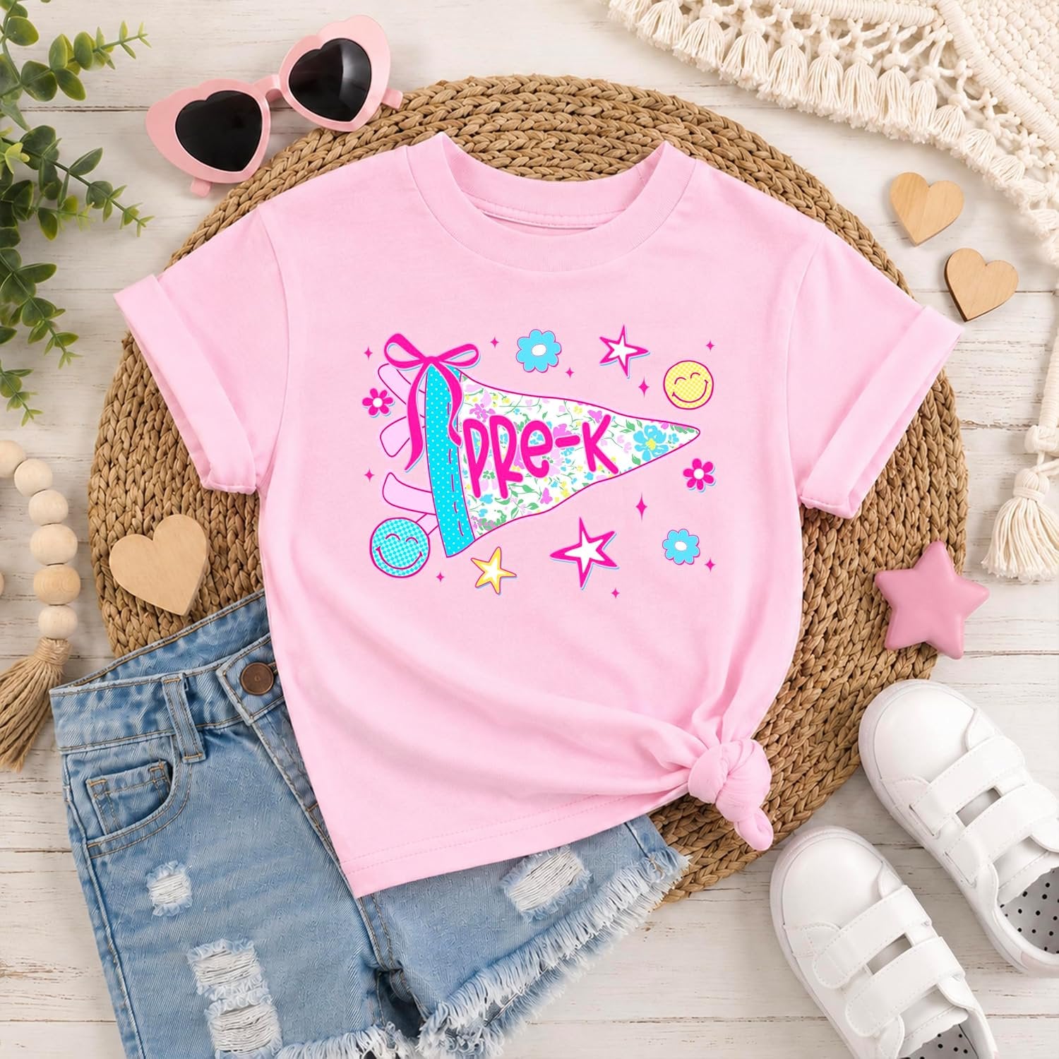 Olive Loves Apple Pre-K pennant shirt for girls in toddler and youth sizes — USA printed school graphic tee