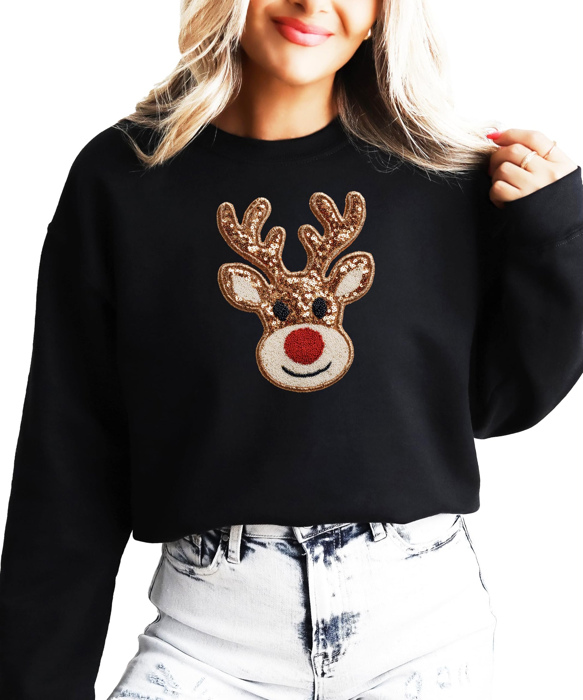Youth and women's black reindeer sweatshirt styled for Christmas season