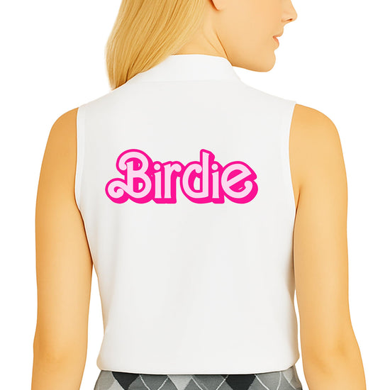 Pink birdie golf polo shirt on white background showing retro country club design