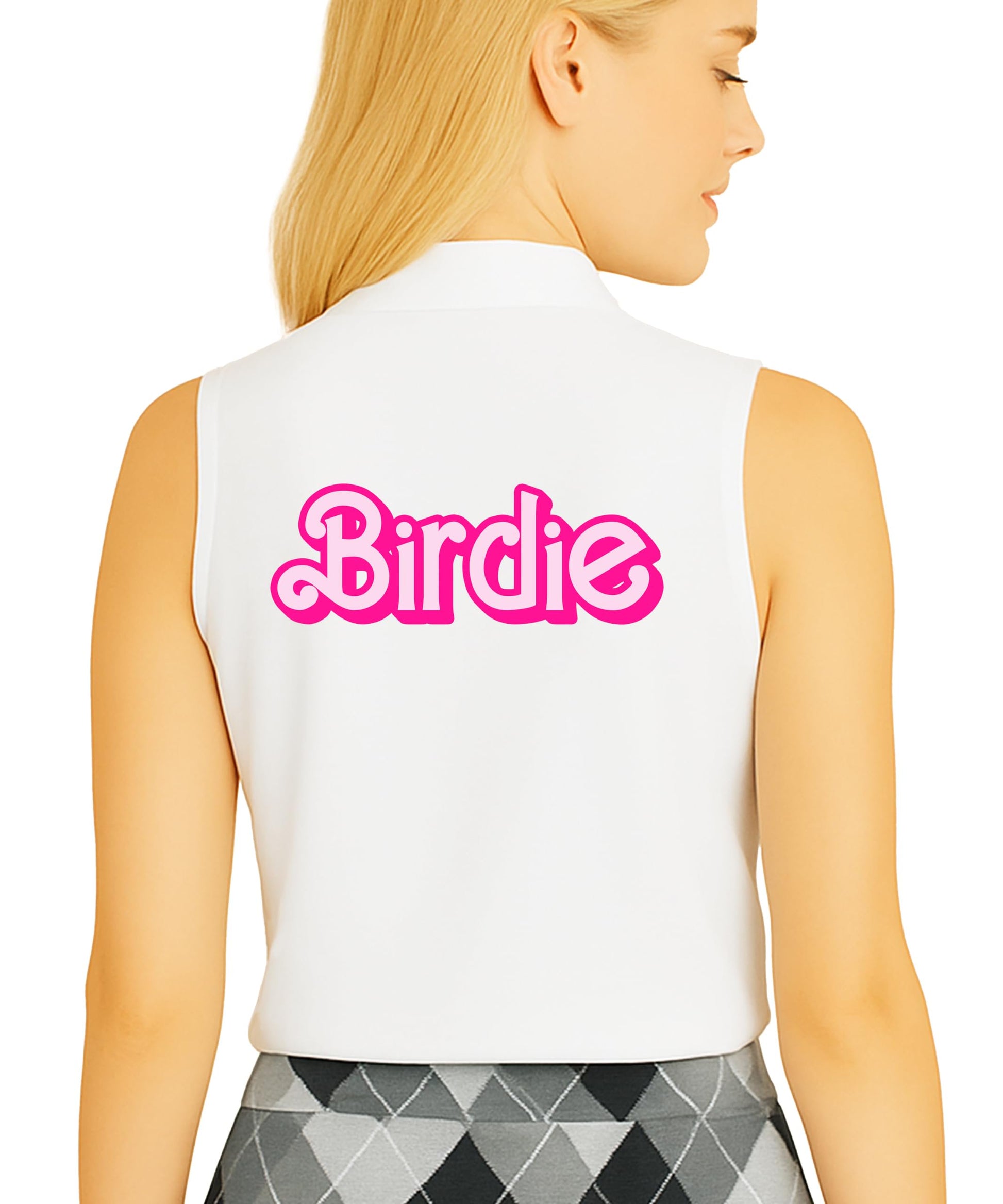 Pink birdie golf polo shirt on white background showing retro country club design