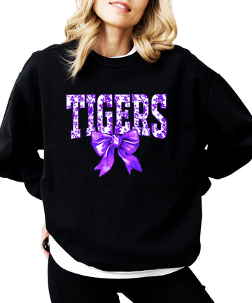 Tigers Purple Floral Bow Sweatshirt for Women, Teens & Kids School Sports Fan Pullover Gray Sweatshirt Adult Large