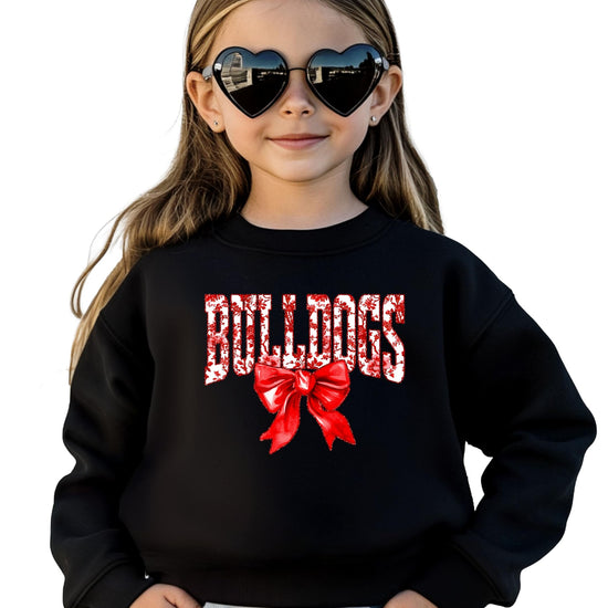 Side view of Bulldogs red bow sweatshirt showing fit and style