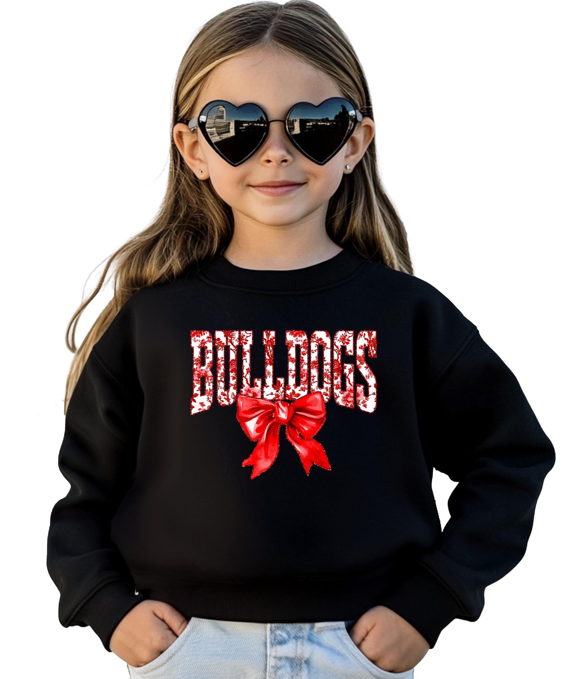 Side view of Bulldogs red bow sweatshirt showing fit and style