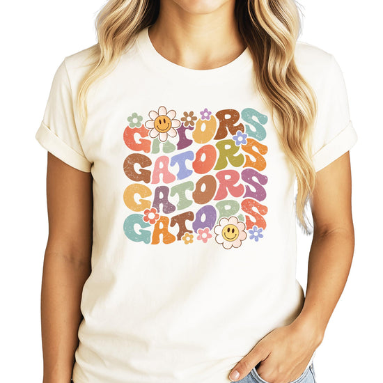 Front view of Gators groovy graphic tee showing retro colorful GATORS design