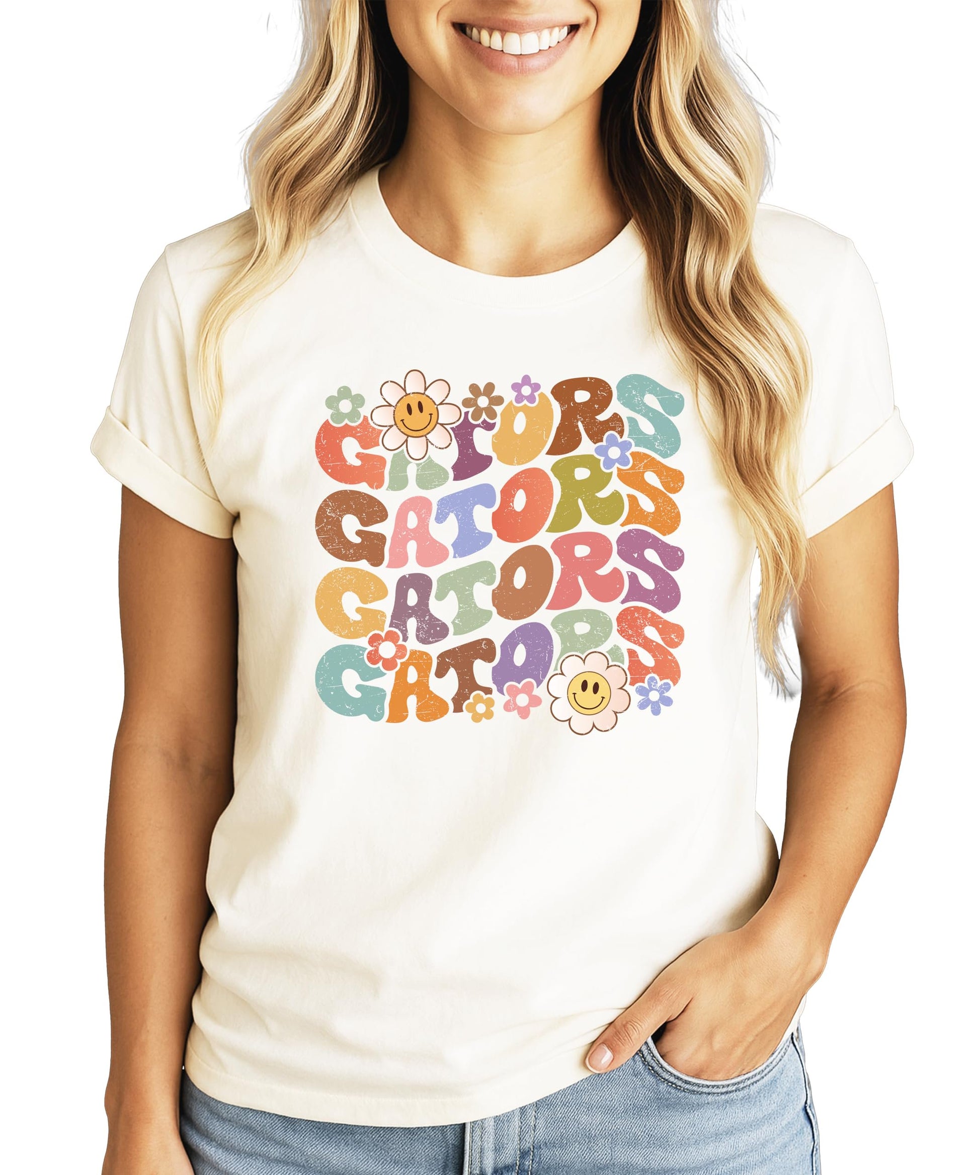 Front view of Gators groovy graphic tee showing retro colorful GATORS design