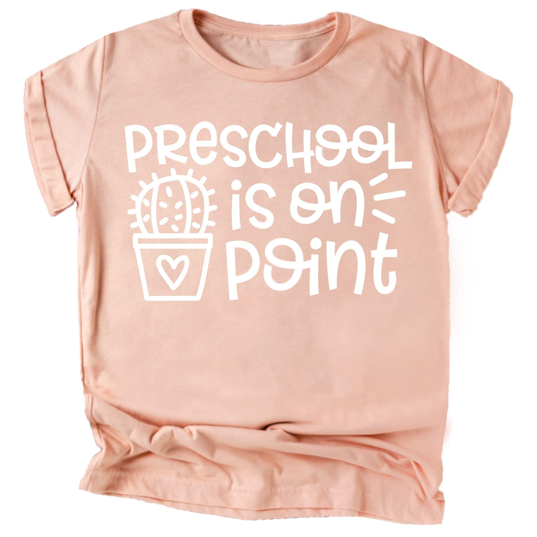 Back to school mauve graphic shirt for preschoolers, shown from alternate angle