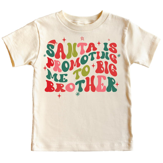 Santa is Promoting Me to Big Brother Groovy Christmas T-Shirt for Baby and Toddler Youth Boy Holiday Outfit