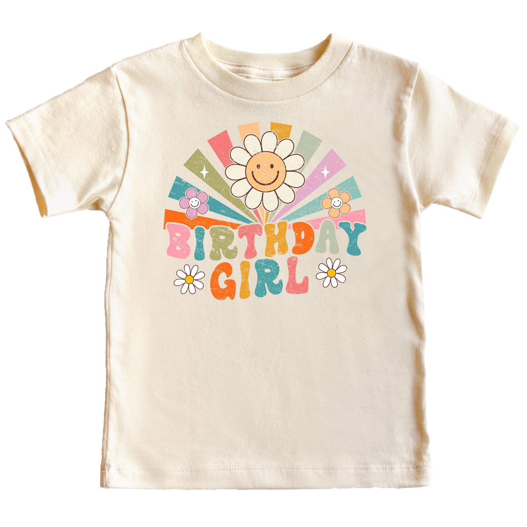 Girls birthday shirt with retro rainbow sunbeam and flower graphic in peach, youth sizing