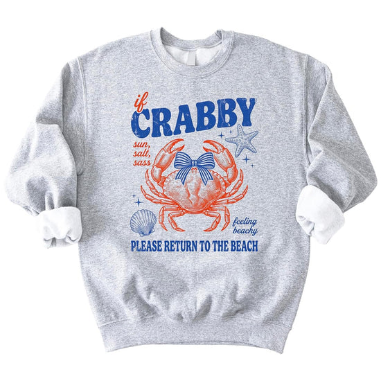 White crewneck sweatshirt with vintage crab graphic and 'If Crabby Please Return to the Beach' text in red and blue