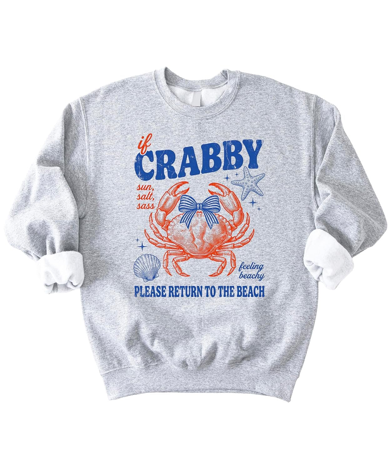 White crewneck sweatshirt with vintage crab graphic and 'If Crabby Please Return to the Beach' text in red and blue