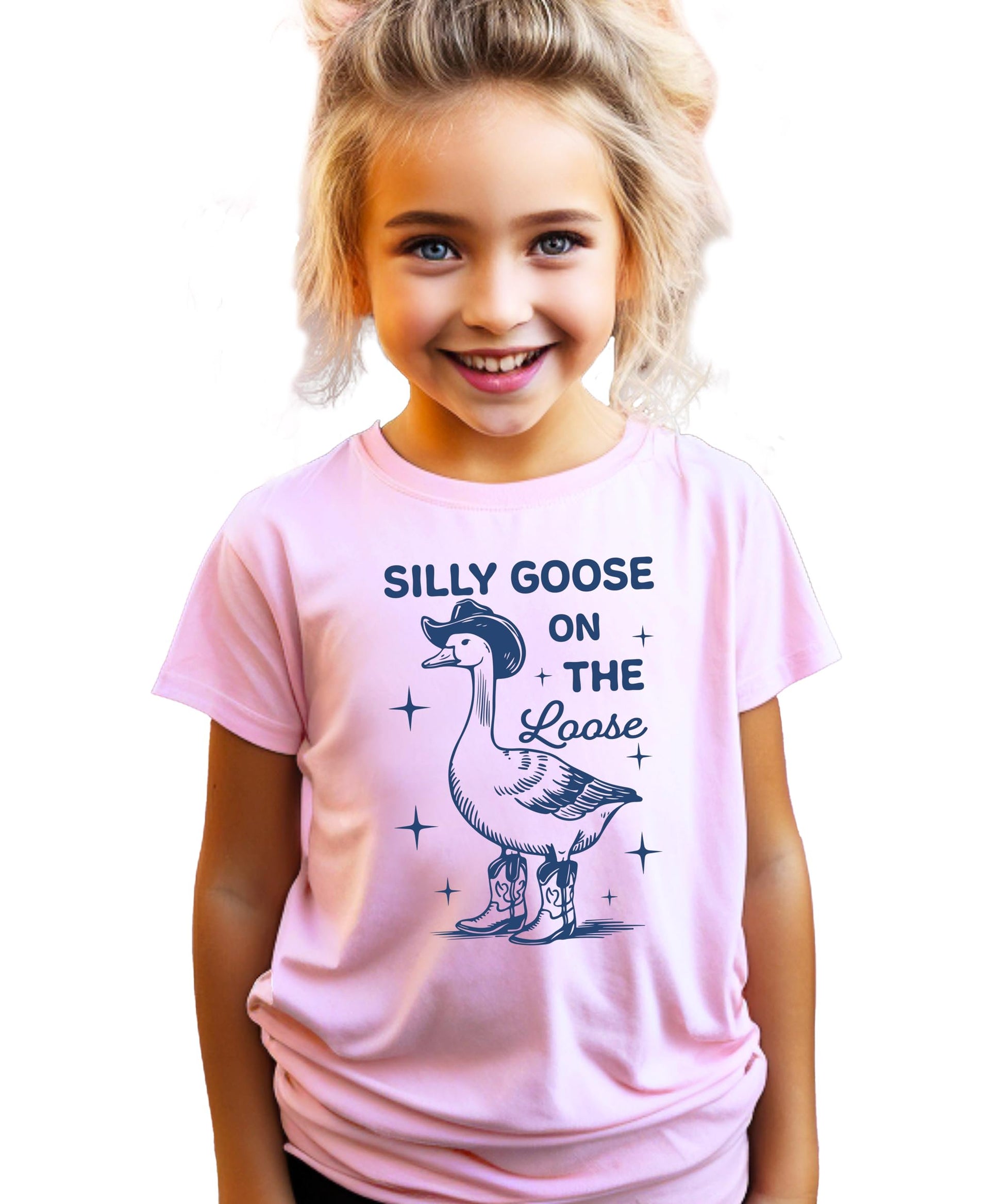 Close-up of cowboy goose graphic print on kids tee showing boots and hat details
