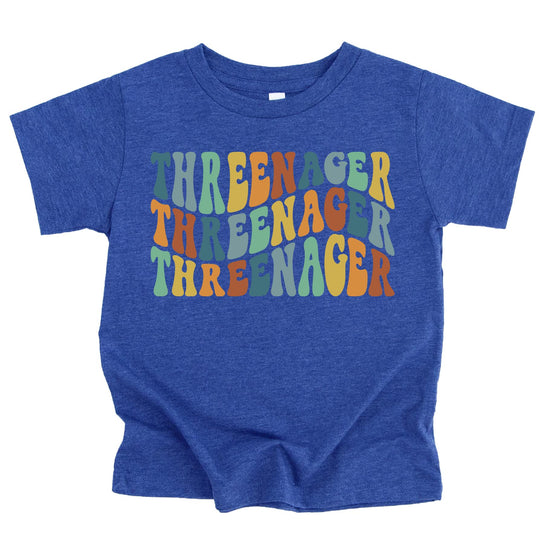 Threenager birthday shirt for toddler boys and girls in royal blue, front view
