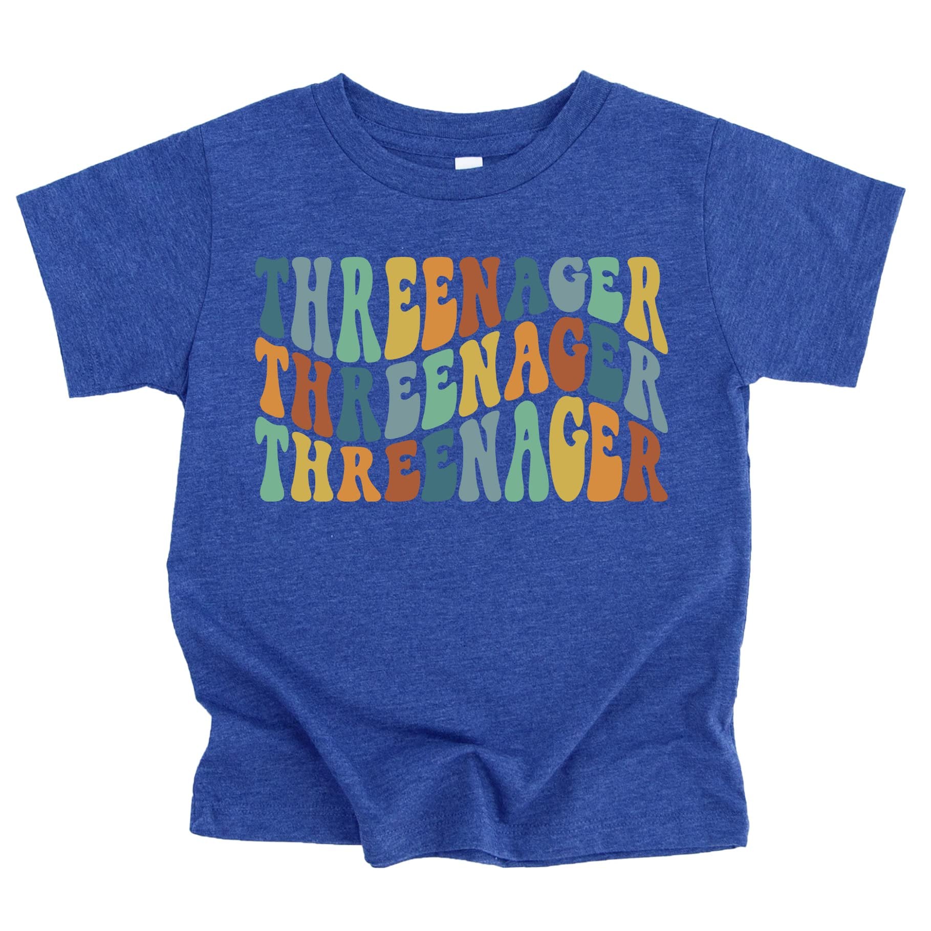 Threenager birthday shirt for toddler boys and girls in royal blue, front view