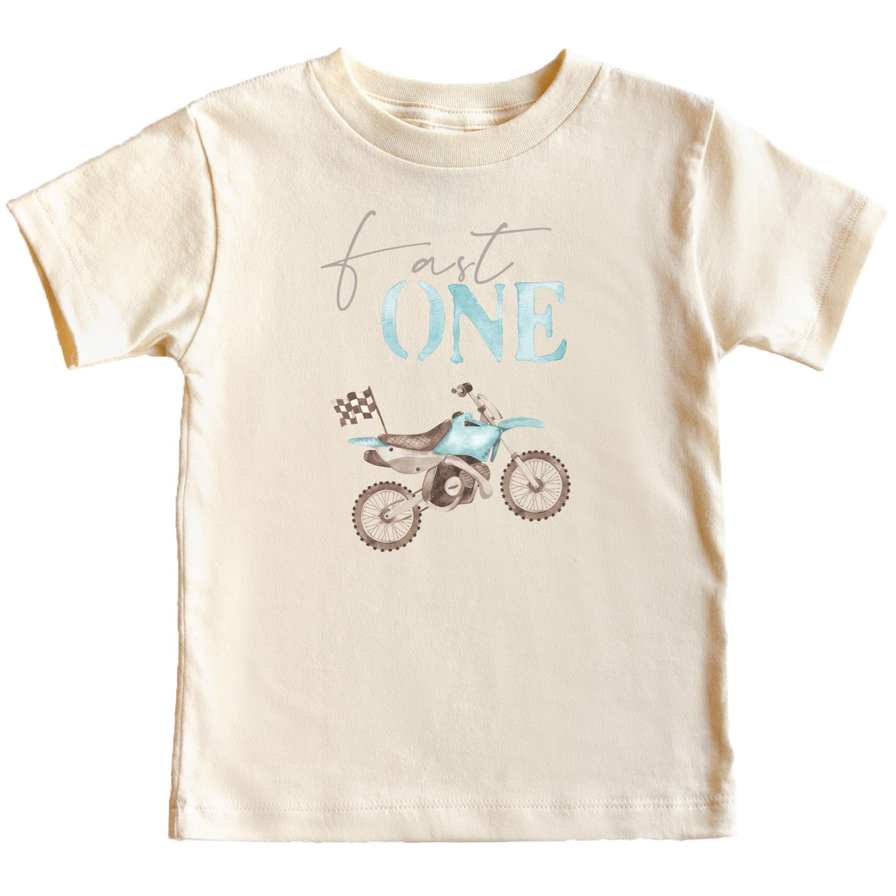 Natural toddler tee with blue dirt bike graphic and checkered flag reading One for boys first birthday