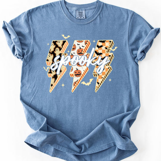 Full-length or styled view of women's Spooky pumpkin bats and ghost graphic tee for fall and Halloween season