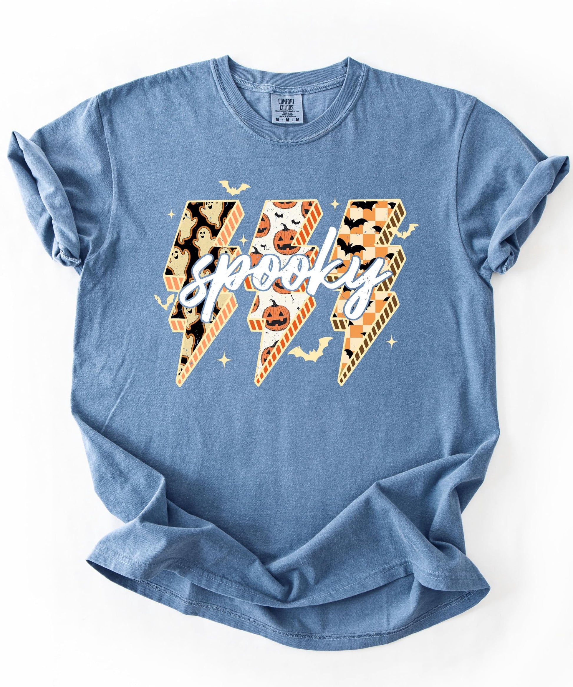 Full-length or styled view of women's Spooky pumpkin bats and ghost graphic tee for fall and Halloween season