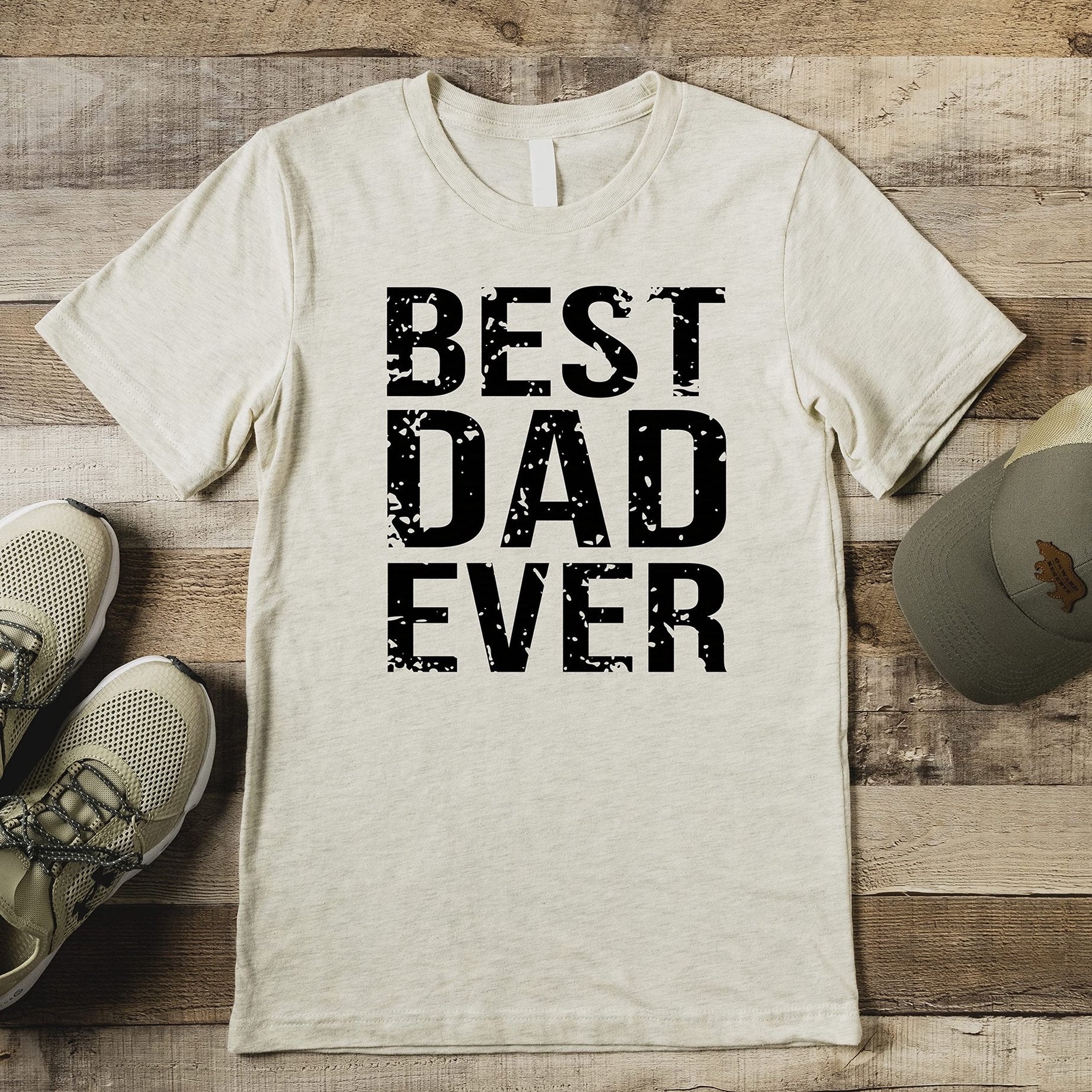 Men's Best Dad Ever graphic t-shirt styled casually, distressed vintage design by Olive Loves Apple