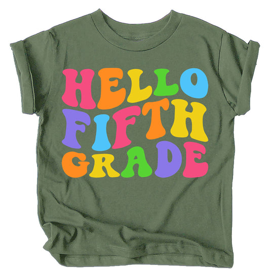 Front view of Hello 5th Grade youth graphic shirt with colorful wavy lettering