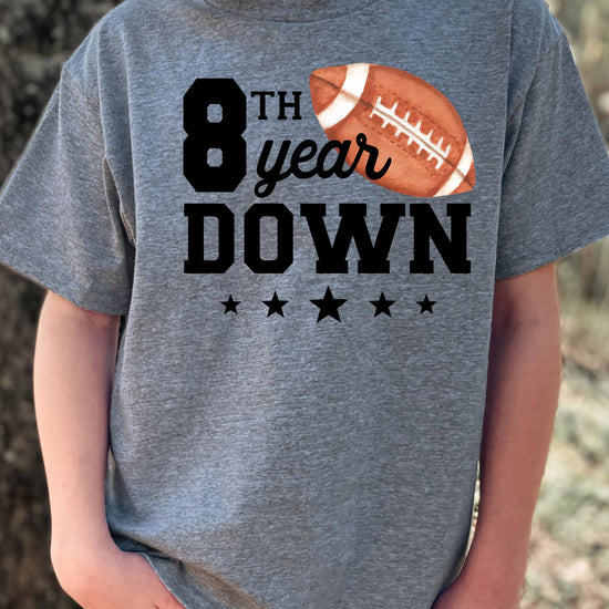 Youth medium granite heather birthday tee with eighth birthday football graphic
