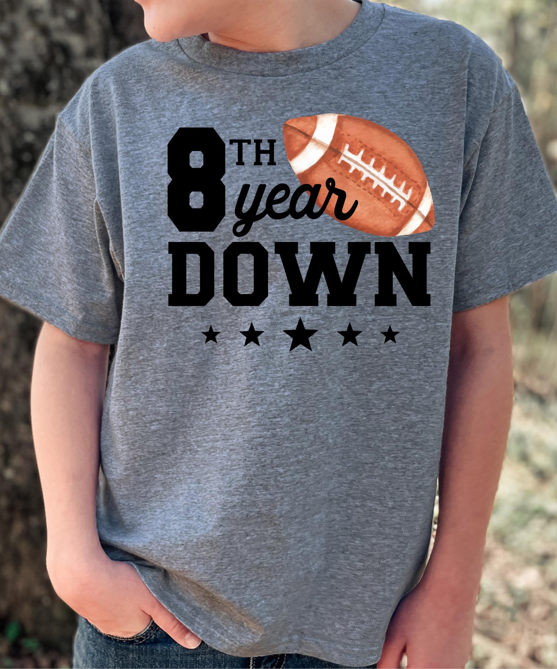 Youth medium granite heather birthday tee with eighth birthday football graphic
