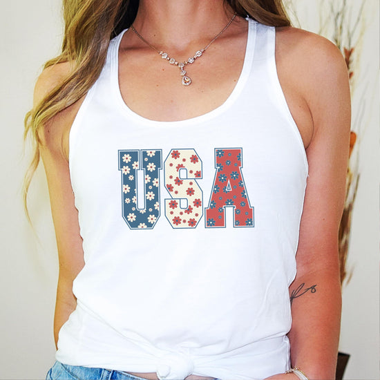 Back view of white patriotic floral tank top for women and teens