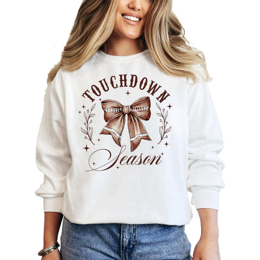 Touchdown Season Sweatshirt for Women and Teens Girly Fall Football Coquette Bow Pullover White Sweatshirt Adult Medium
