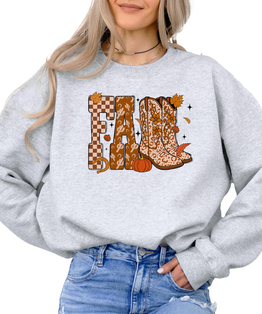Olive Loves Apple Fall Cowboy Boots Sweatshirt Autumn Leaves, Checkered and Cactus Pattern Crewneck for Women, Teens & Kids