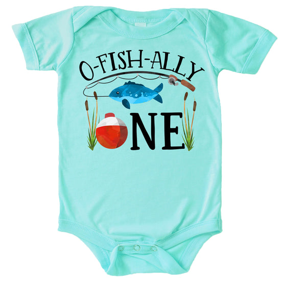 Detail shot of fishing graphic and ONE text on baby boy bodysuit