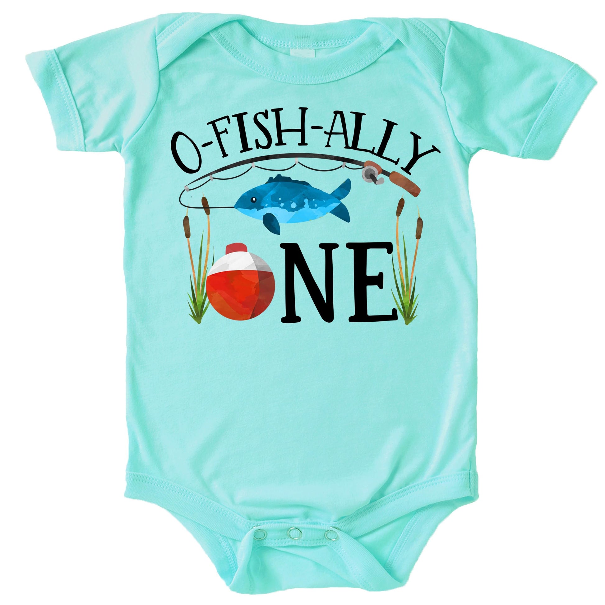 Detail shot of fishing graphic and ONE text on baby boy bodysuit