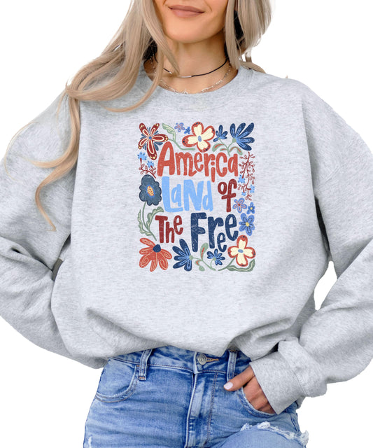 Olive Loves Apple America Land of The Free Sweatshirt for Women, Teens & Girls Floral Blue and Red Matching Sweater