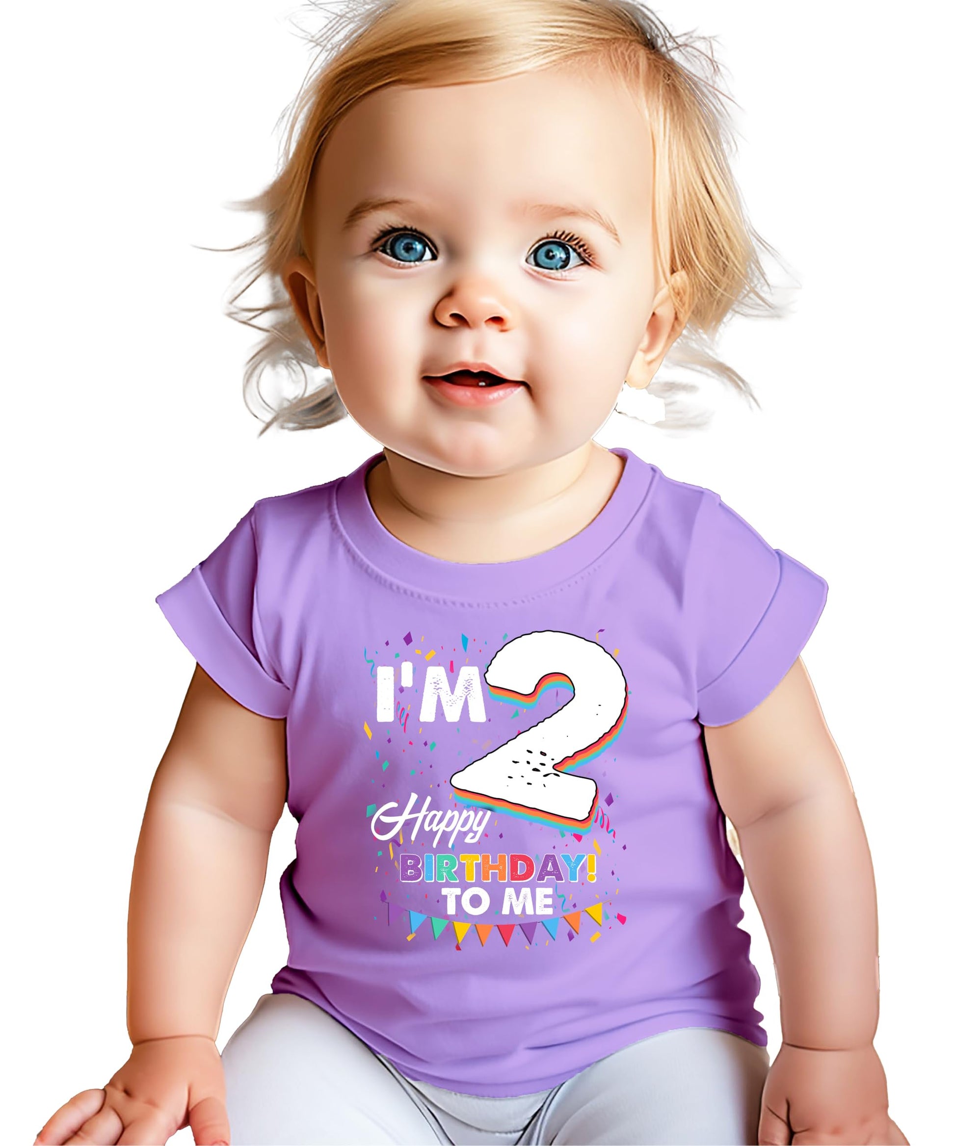 Close-up of 'I'm 2' birthday graphic print with colorful confetti details on a soft toddler tee