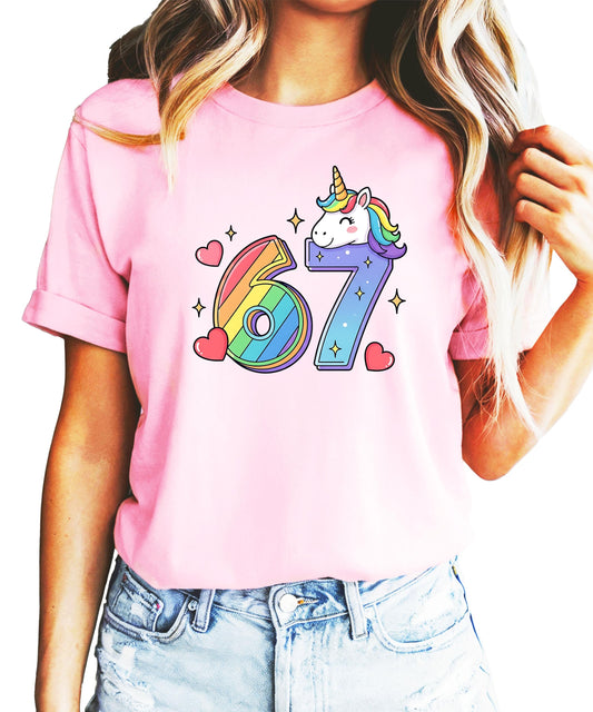 Size chart and fit guide for unicorn birthday shirt showing toddler youth and adult sizing options