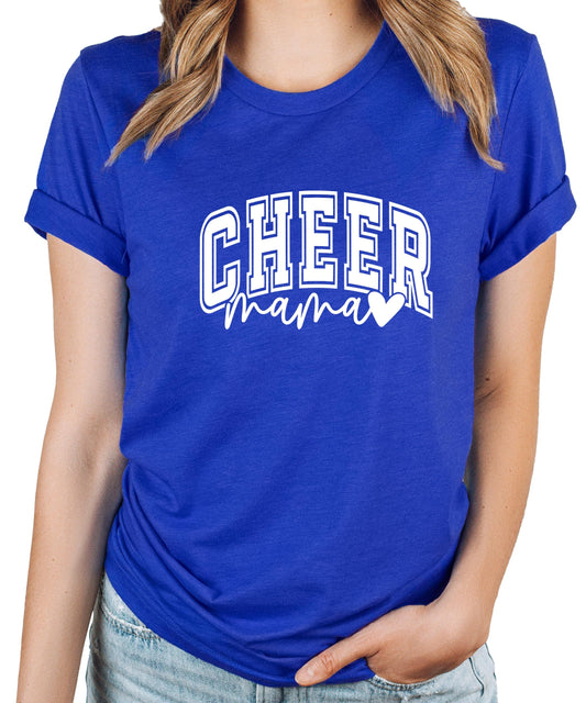 White cheer mama t-shirt with bold collegiate CHEER text and handwritten mama with heart design