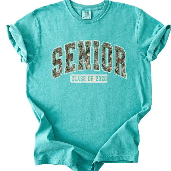 Close-up of camo-fill varsity SENIOR print on Class of 2026 unisex tee
