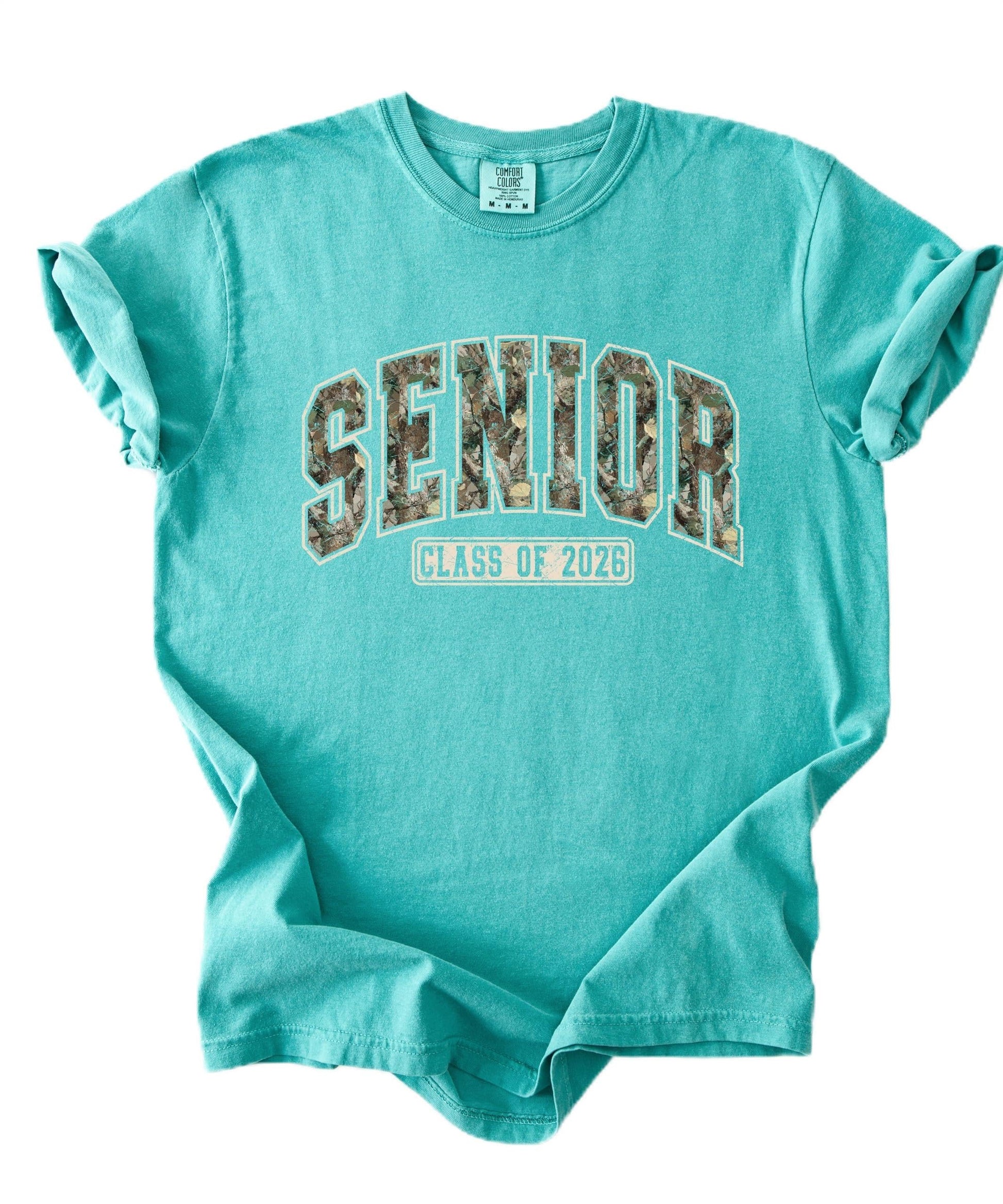 Close-up of camo-fill varsity SENIOR print on Class of 2026 unisex tee