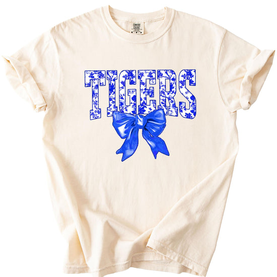 Women's Tigers spirit tee with floral lettering — fun and girly school fan shirt