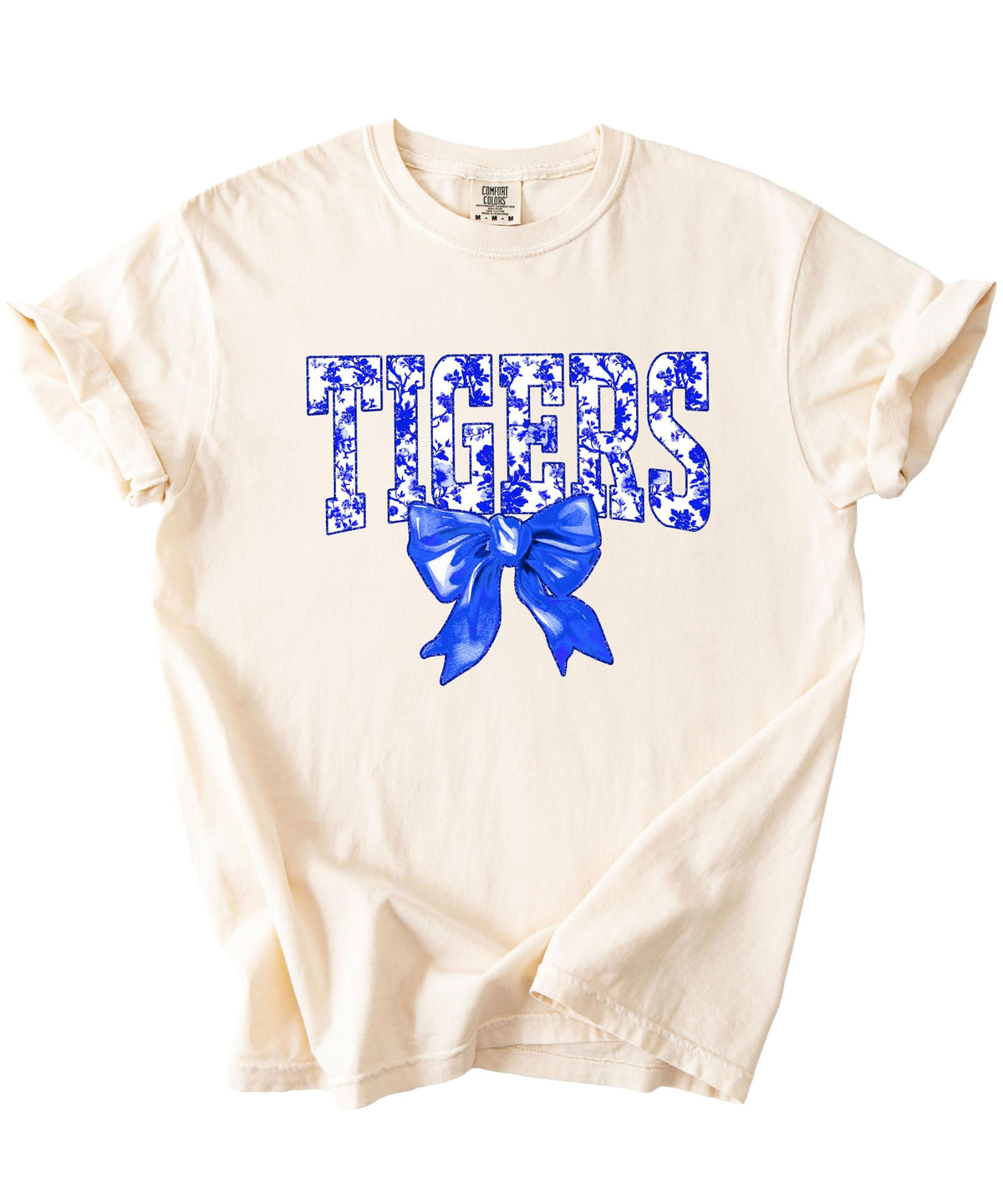 Women's Tigers spirit tee with floral lettering — fun and girly school fan shirt