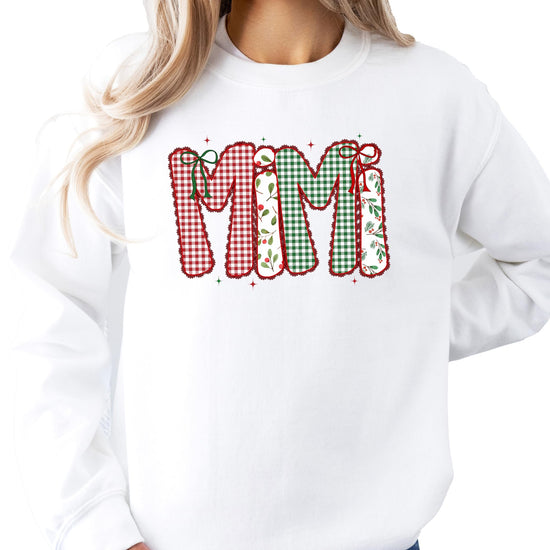 Women's holiday sweatshirt with Mimi lace-style Christmas design in red and green