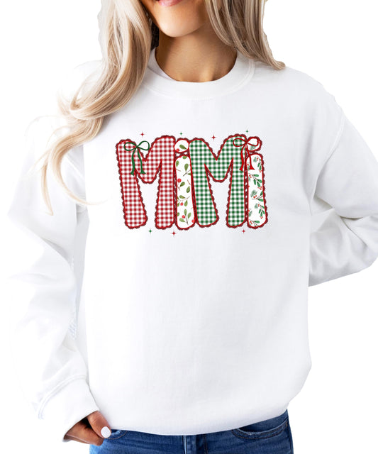 Women's holiday sweatshirt with Mimi lace-style Christmas design in red and green