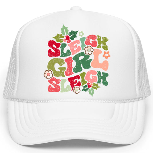 Funny Sleigh Girl Sleigh Floral Christmas Trucker Hat for Women and Teens Holiday Adjustable Cap