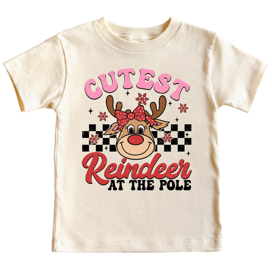 Girls' natural color Christmas t-shirt featuring a cute girly red-nosed reindeer holiday graphic design