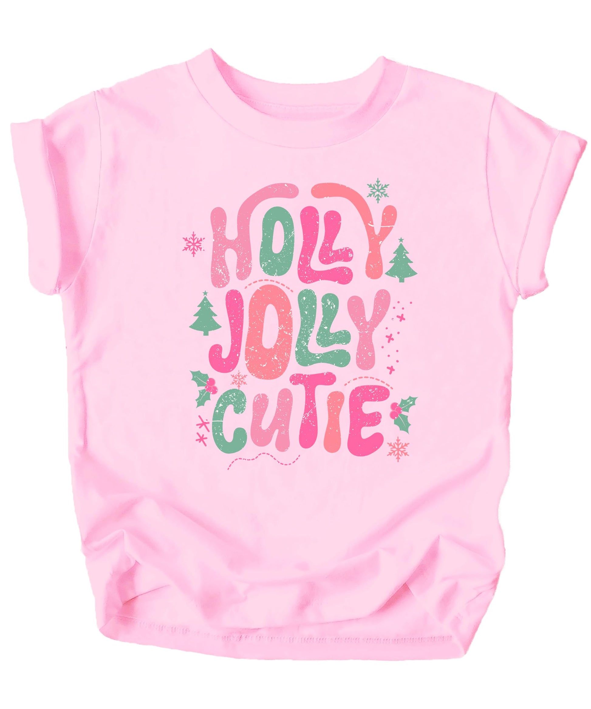 Close-up of Holly Jolly Cutie holiday graphic print on pink youth tee showing candy cane lettering detail