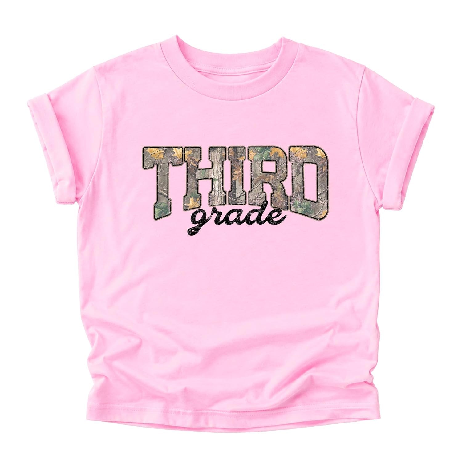 Girl wearing third grade camo tee in pink — fun back-to-school graphic shirt for kids