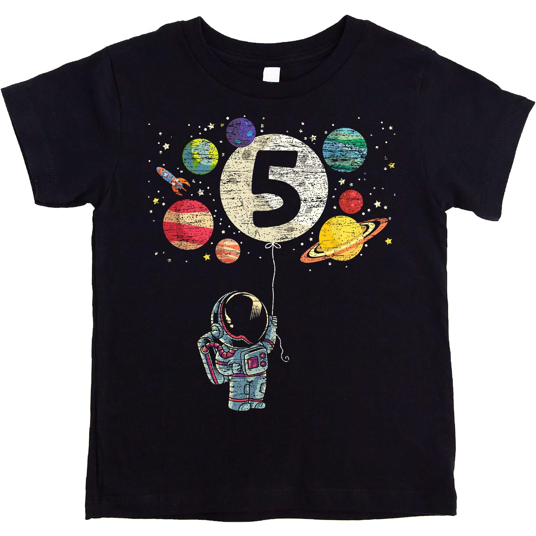 Front view of youth space birthday tee featuring astronaut, rocket, and planets graphic print