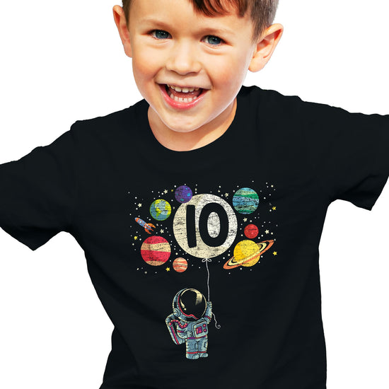 10th birthday boys shirt in black with space and planet theme graphic print