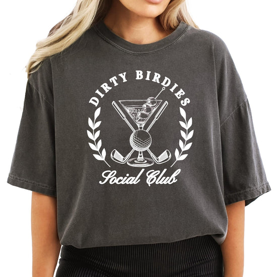Dirty Birdies Social Club ivory graphic tee for women – preppy golf shirt with club-style design