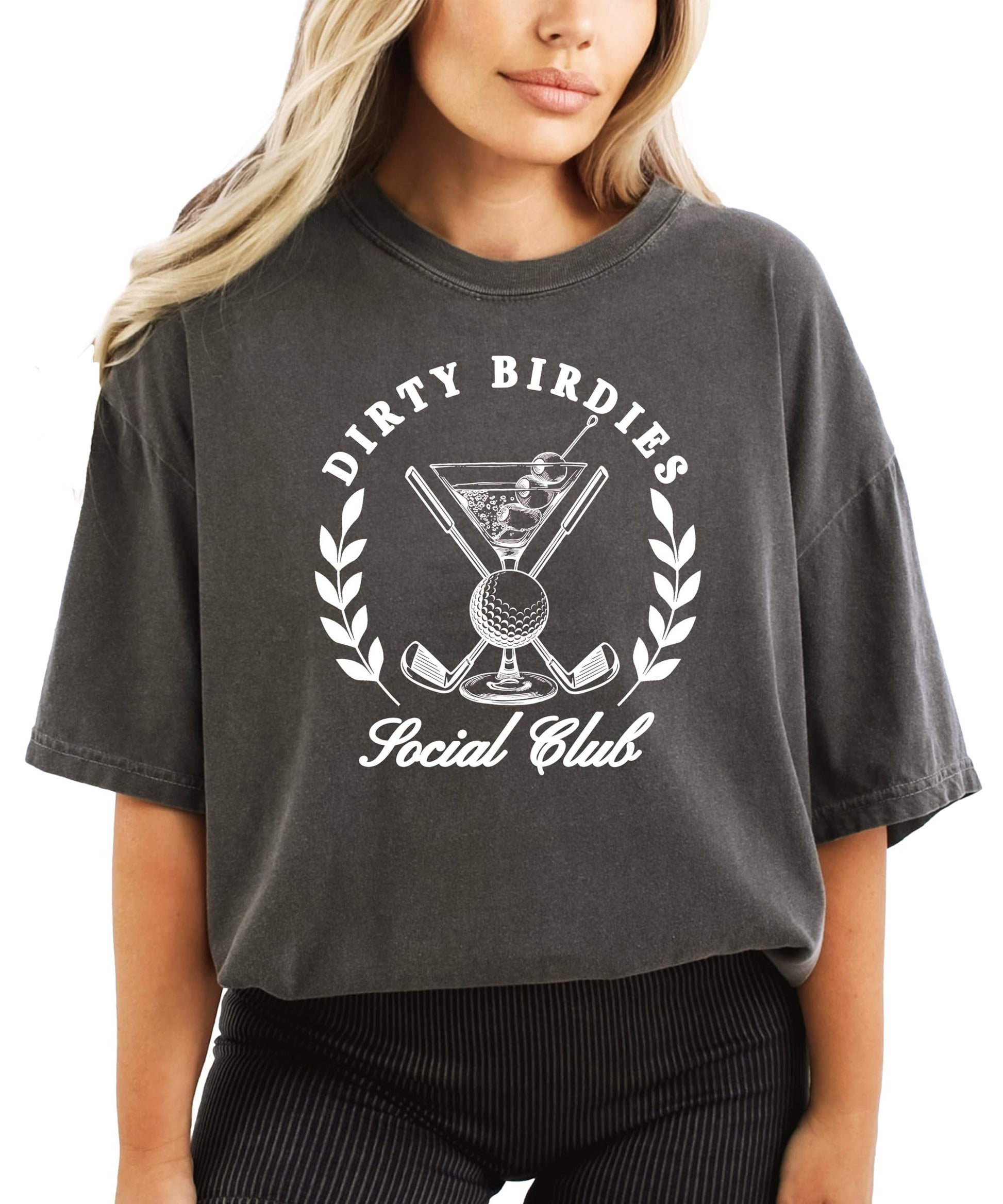 Dirty Birdies Social Club ivory graphic tee for women – preppy golf shirt with club-style design