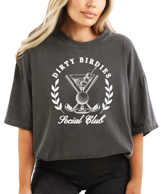 Dirty Birdies Social Club ivory graphic tee for women – preppy golf shirt with club-style design
