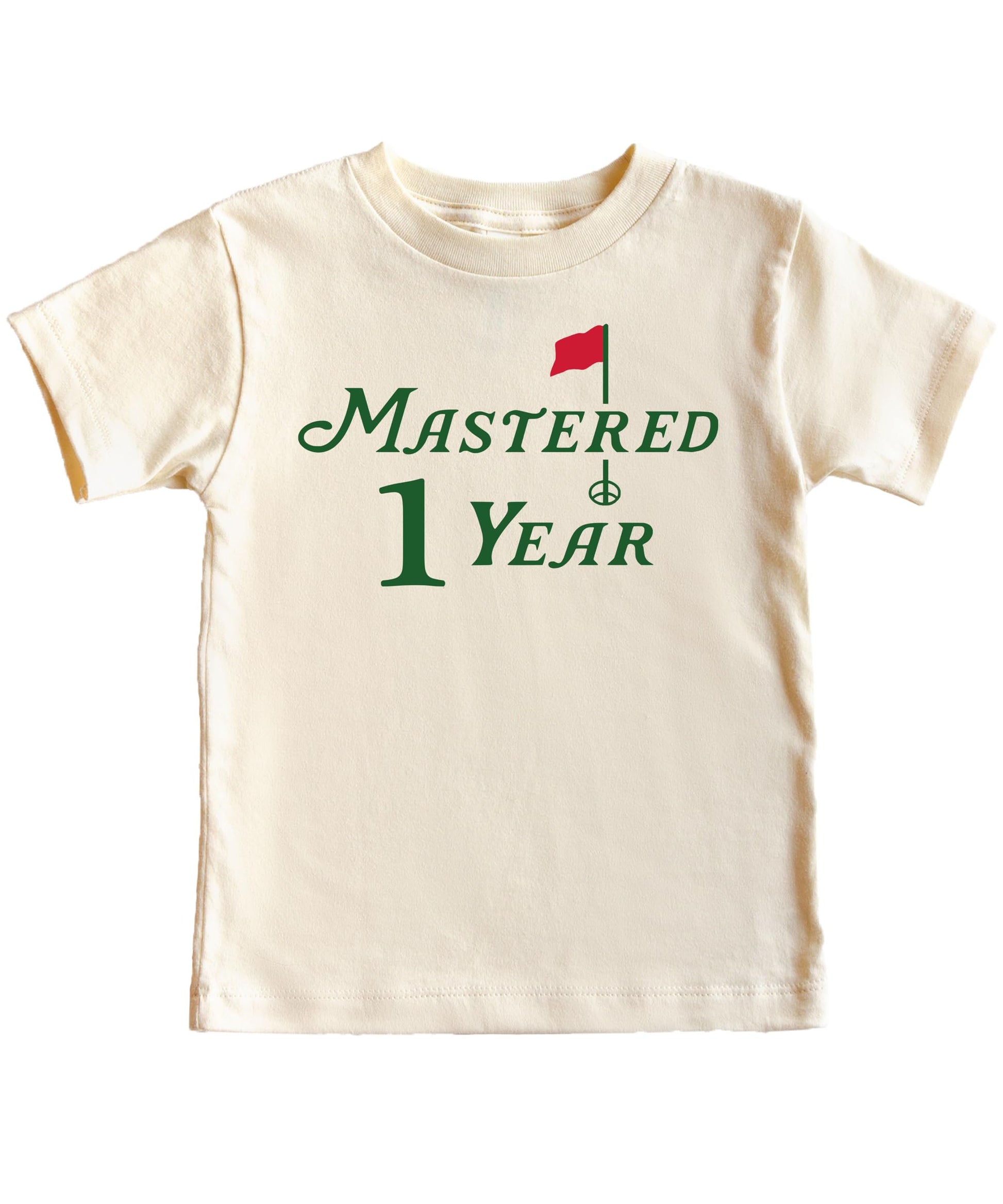 Boys golf themed first birthday shirt laid flat showing full graphic design