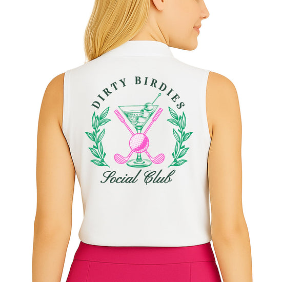 White sleeveless golf polo with Dirty Birdies Social Club graphic design